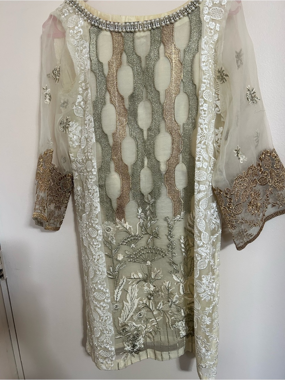 2 piece- Embroidered Ivory & Gold Sheer Tunic and trouser